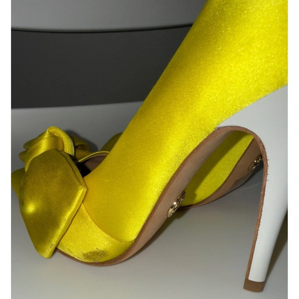 Tory‎ Burch Yellow Satin Bow Pointed Toe Pumps White Stiletto Heels Womens 5.5